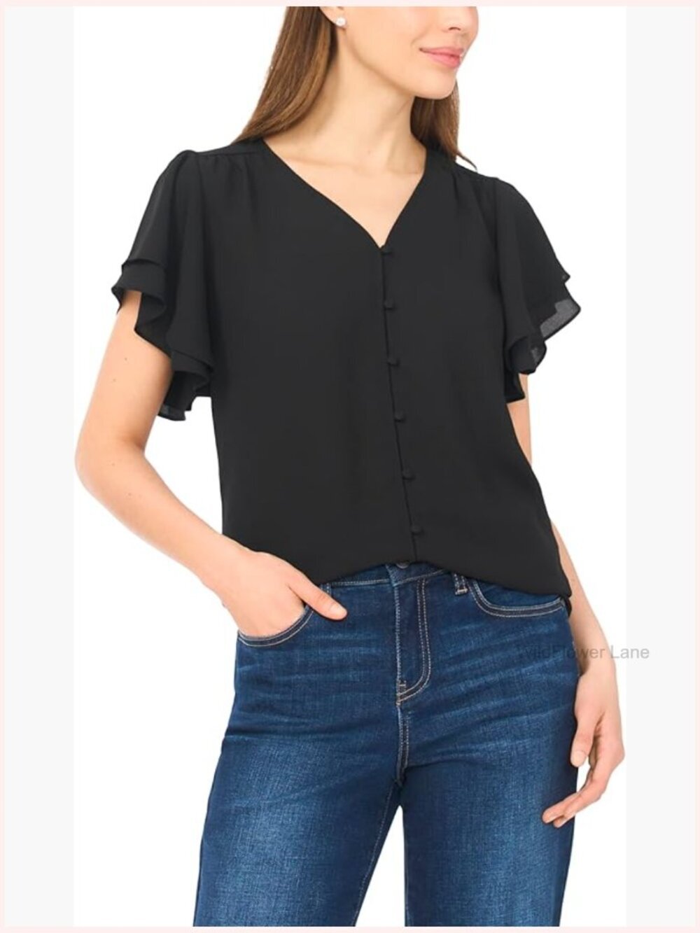 Double Flutter Sleeve Shirred Shoulder Blouse - V-Neck Button Front